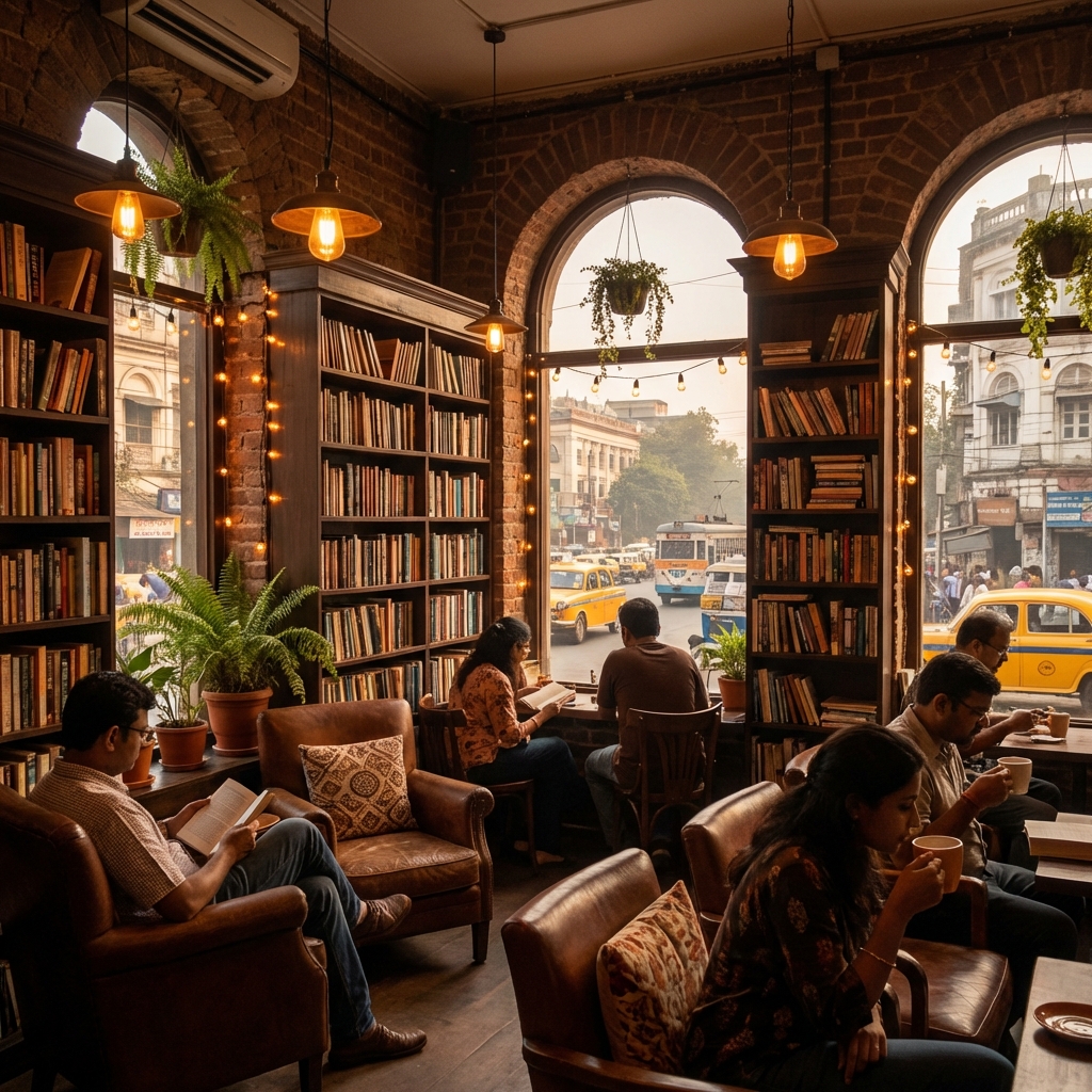 Kolkata cafe library interior